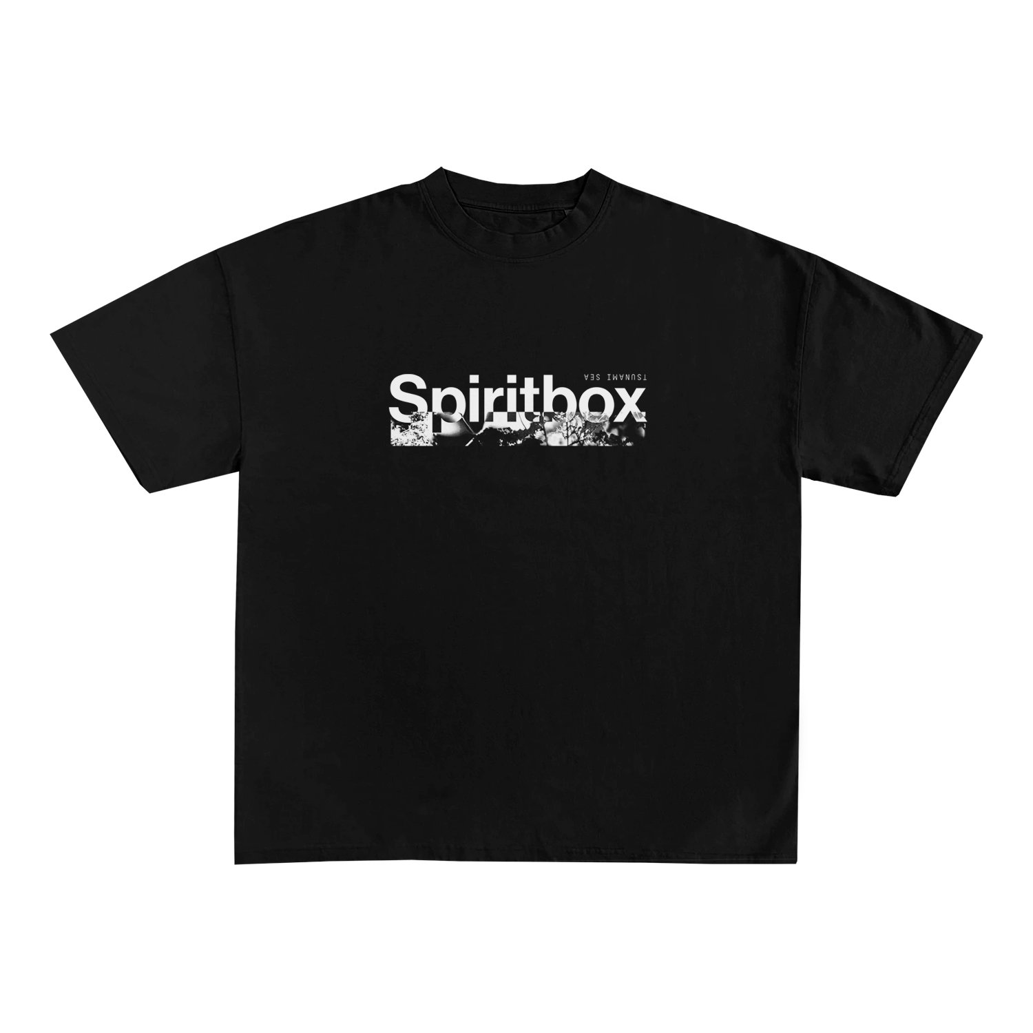 This black Spiritbox T-shirt showcases the brand name in bold white, with smaller text and a distorted double exposure abstract graphic beneath the logo.