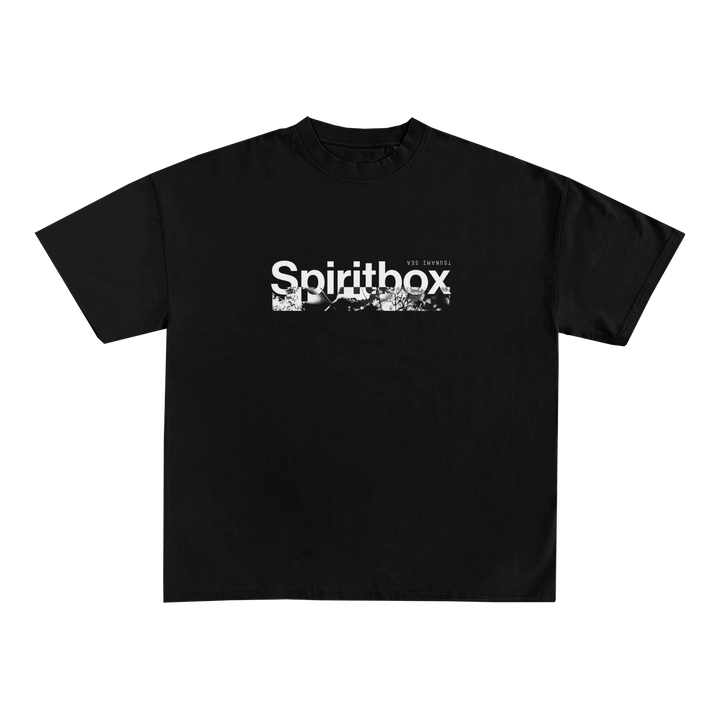 This black Spiritbox T-shirt showcases the brand name in bold white, with smaller text and a distorted double exposure abstract graphic beneath the logo.