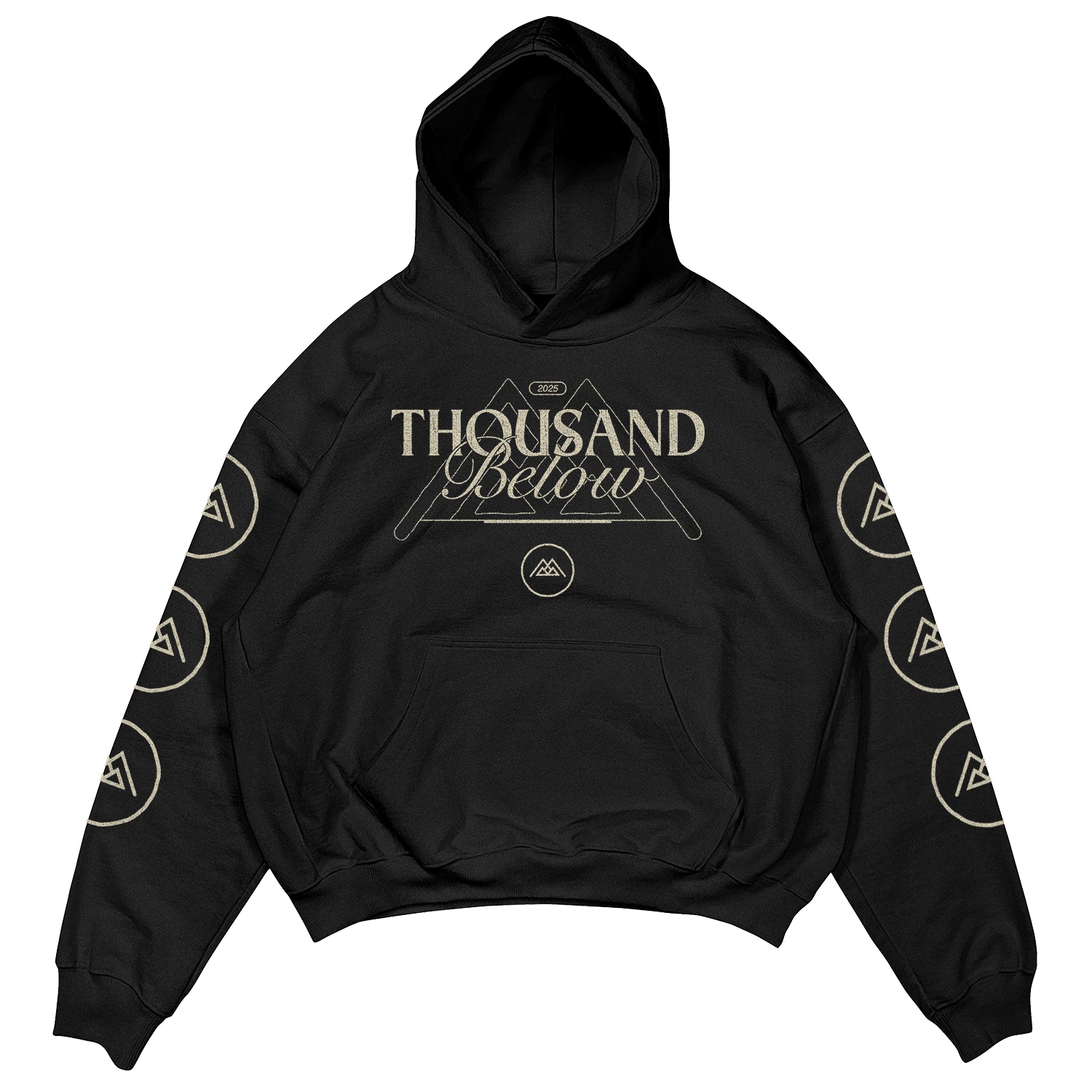 Black Thousand Below hoodie featuring premium Shaka Wear material, a geometric mountain and band logo on the front, plus circular mountain logos running down each sleeve—an eye-catching printed garment.