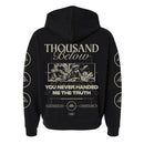 Black Thousand Below hoodie with "You never handed me the truth" and plant/geometric graphics on back; circular and triangular prints down both sleeves.