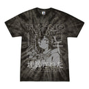 A black tie-dye T-shirt from Thousand Below featuring a grayscale anime-style girl with flowers, bold "THSND BLW... IN JADE" text, and Japanese characters—ideal for fans of unique printed apparel.