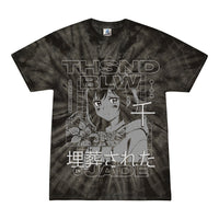 A black tie-dye T-shirt from Thousand Below featuring a grayscale anime-style girl with flowers, bold "THSND BLW... IN JADE" text, and Japanese characters—ideal for fans of unique printed apparel.
