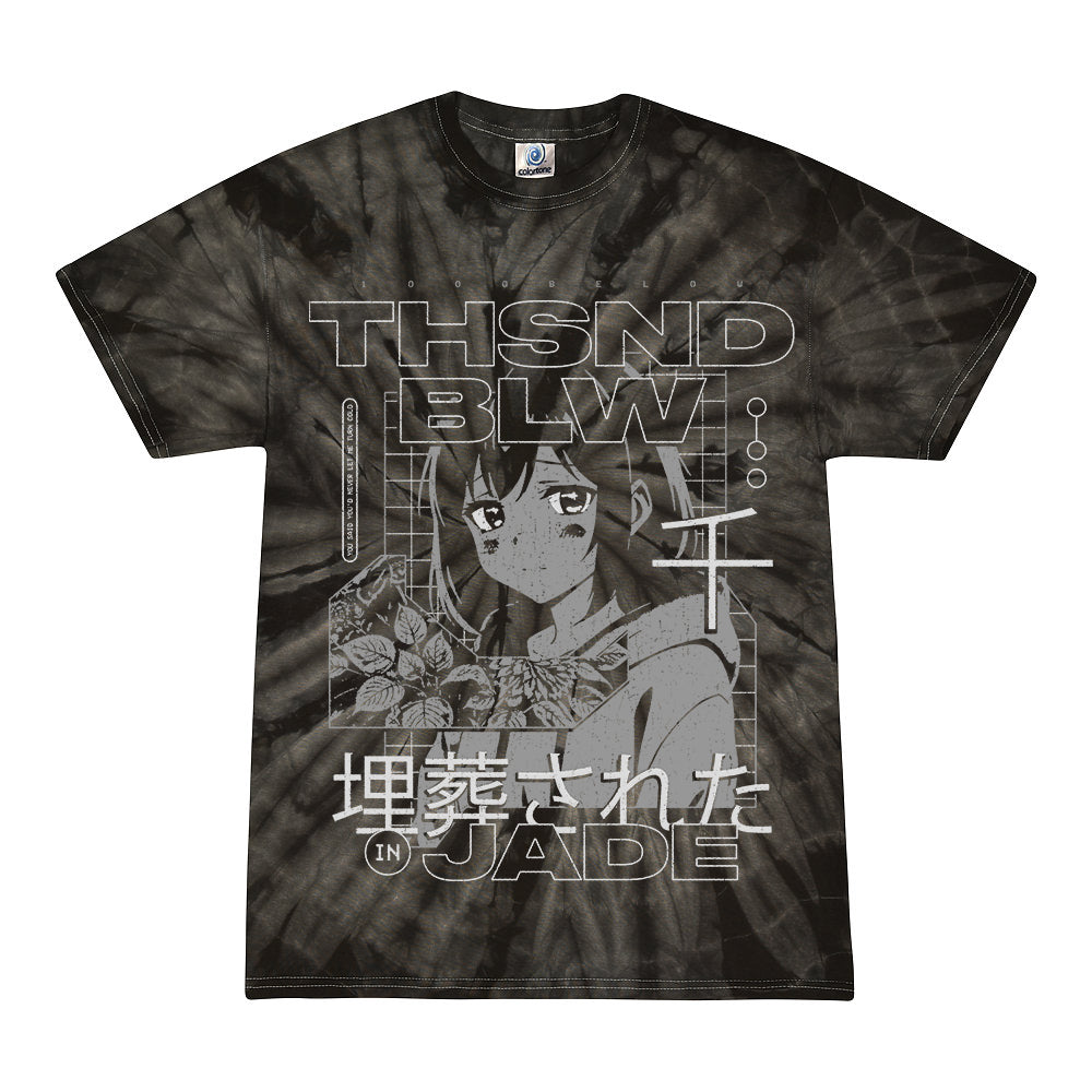 A black tie-dye T-shirt from Thousand Below featuring a grayscale anime-style girl with flowers, bold "THSND BLW... IN JADE" text, and Japanese characters—ideal for fans of unique printed apparel.