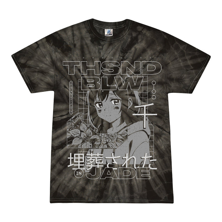 A black tie-dye T-shirt from Thousand Below featuring a grayscale anime-style girl with flowers, bold "THSND BLW... IN JADE" text, and Japanese characters—ideal for fans of unique printed apparel.