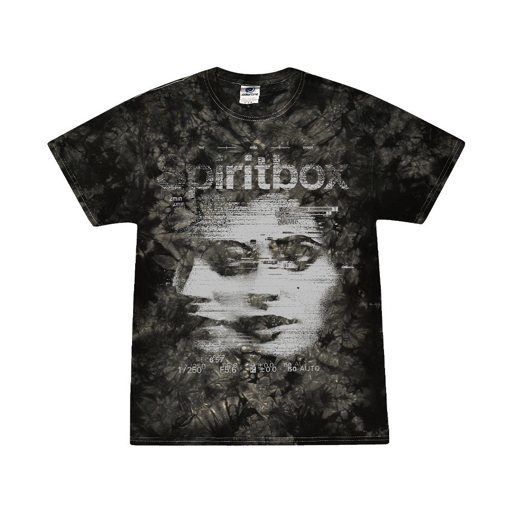 Spiritbox Black T-Shirt: black tie-dye with the band name above a distorted grayscale face, glitch effects, and small text details below the image.