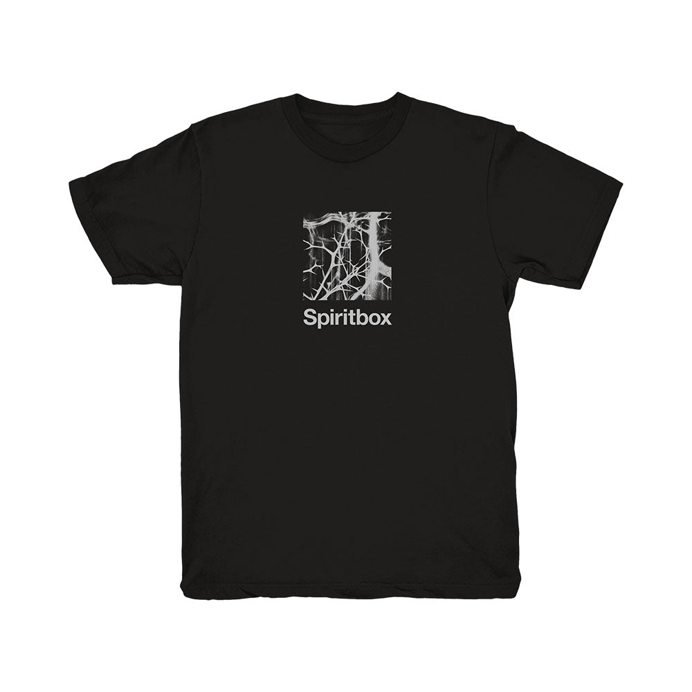 A Black Spiritbox T-Shirt with a white abstract web design in a square on the chest, featuring "Spiritbox" and "The Beauty Of Suffering" printed below.