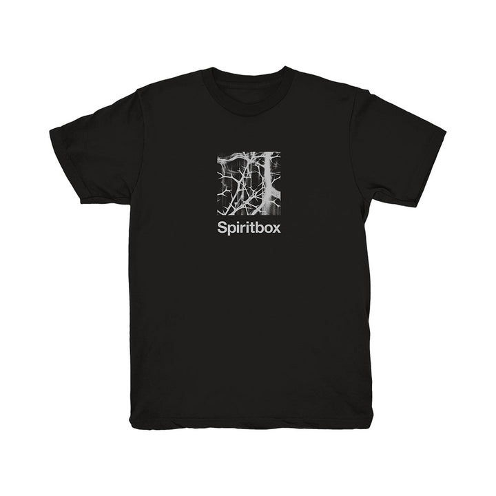 A Black Spiritbox T-Shirt with a white abstract web design in a square on the chest, featuring "Spiritbox" and "The Beauty Of Suffering" printed below.