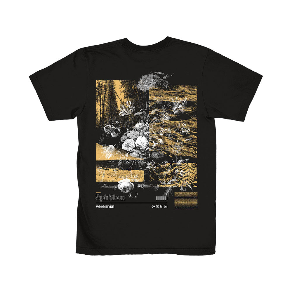 The Spiritbox Perennial T-Shirt is a black tee with gold and white nature images—flowers, trees, landscapes—and “Spiritbox” and “Perennial” at the bottom alongside barcode and icon graphics.