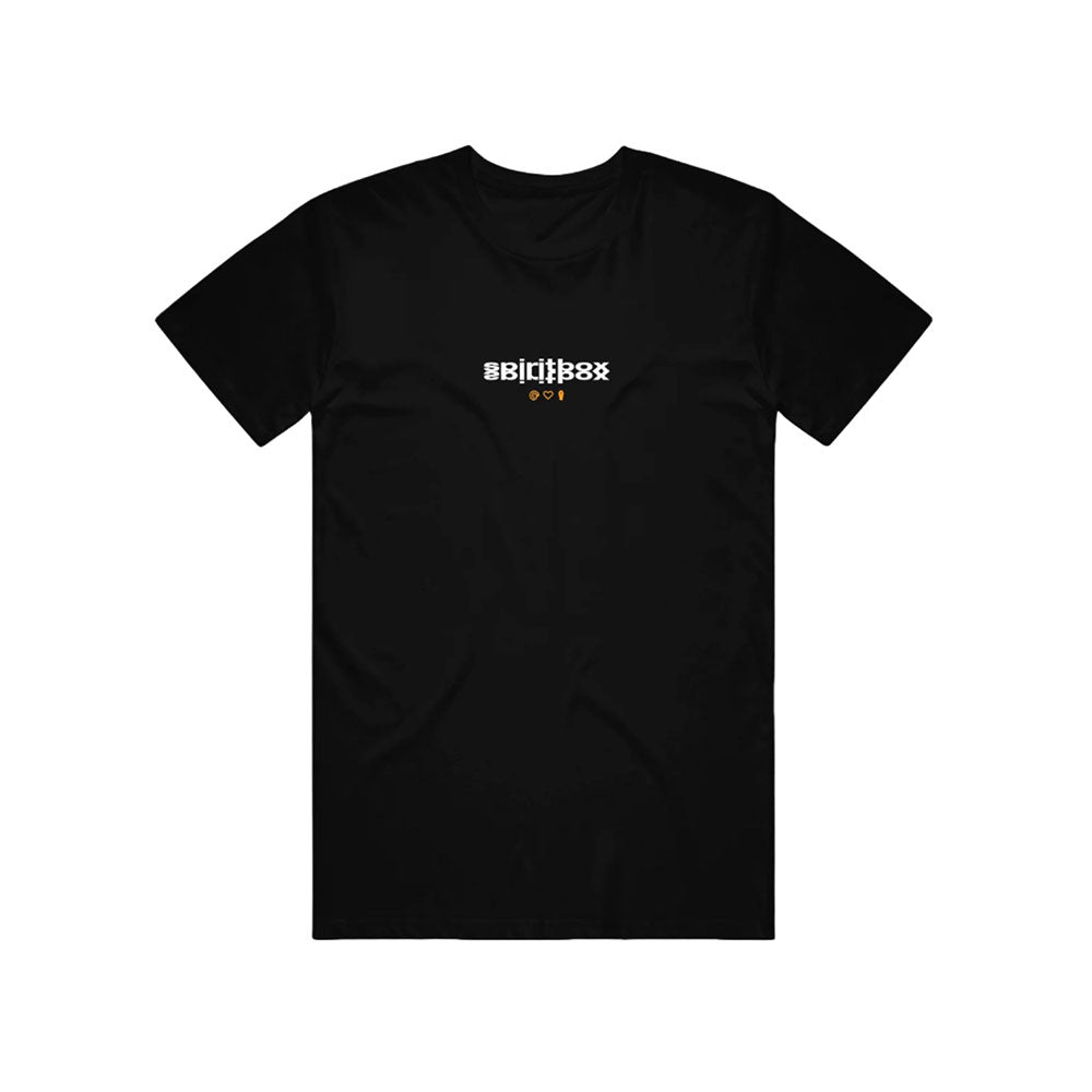 Black short-sleeved Spiritbox T-shirt with a small white geometric text design and three dots centered on the chest, inspired by band merch. Plain background.