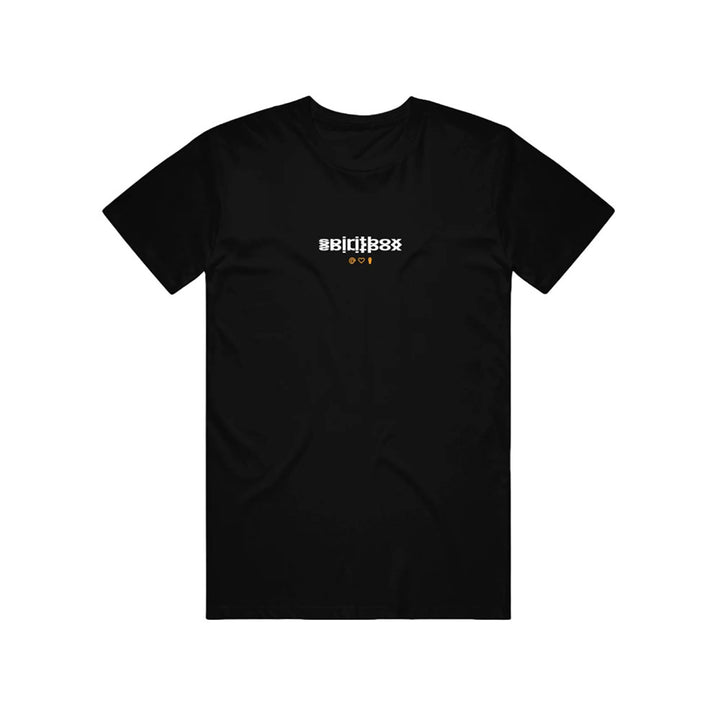 Black short-sleeved Spiritbox T-shirt with a small white geometric text design and three dots centered on the chest, inspired by band merch. Plain background.