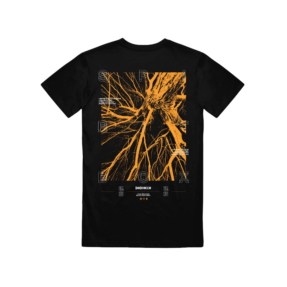 Spiritbox Black Belcarra T-Shirt featuring a bold orange abstract tree branch graphic on the back, surrounded by white stylized text and graphic elements, inspired by Spiritbox band merch.