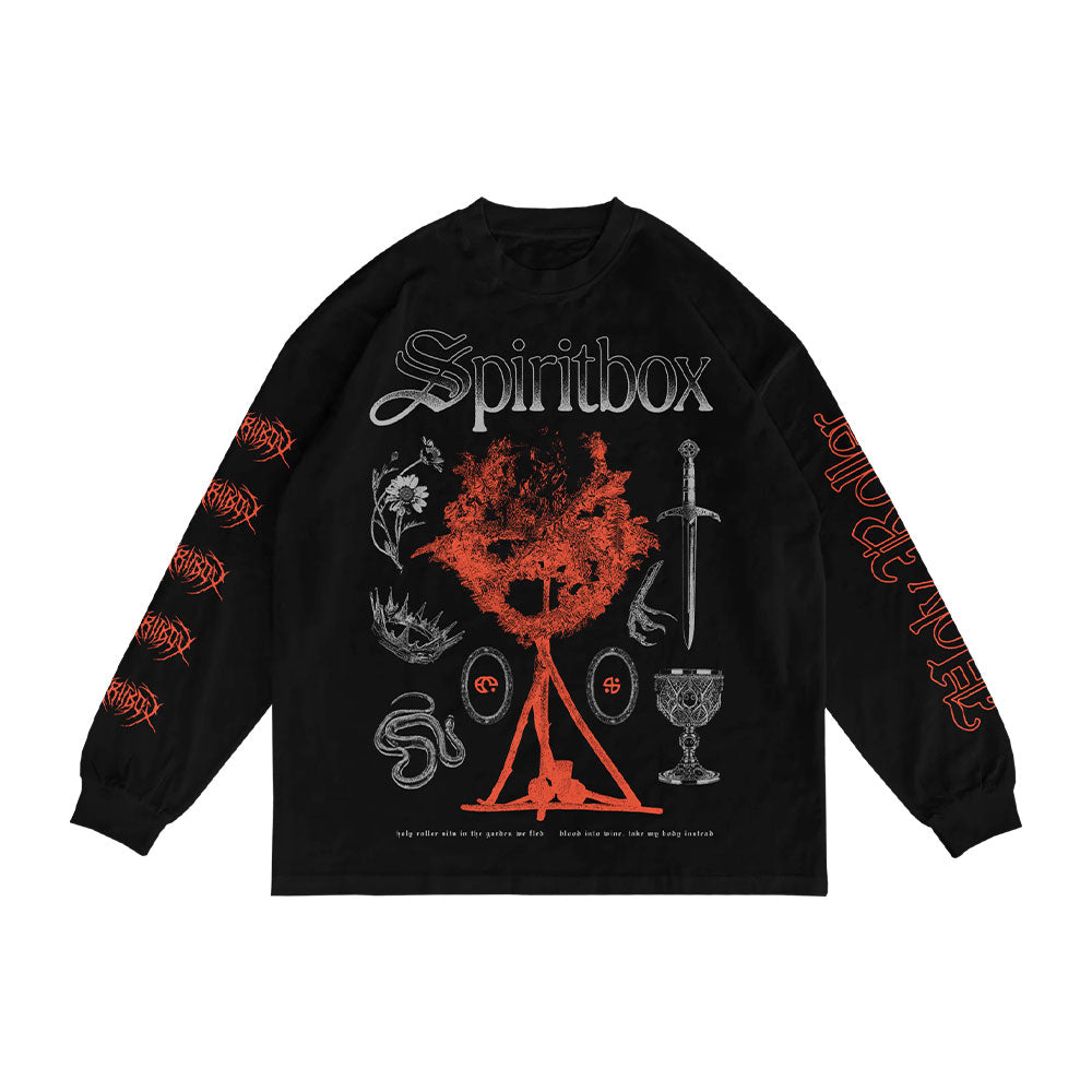 Spiritbox black long sleeve shirt with "Spiritbox" text, a large red fiery tree, mystical symbols (sword, crown, snake, chalice), and bold “Holy Roller” red designs on both sleeves.