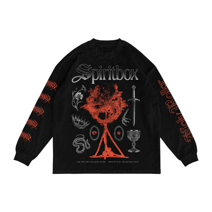 Spiritbox black long sleeve shirt with "Spiritbox" text, a large red fiery tree, mystical symbols (sword, crown, snake, chalice), and bold “Holy Roller” red designs on both sleeves.