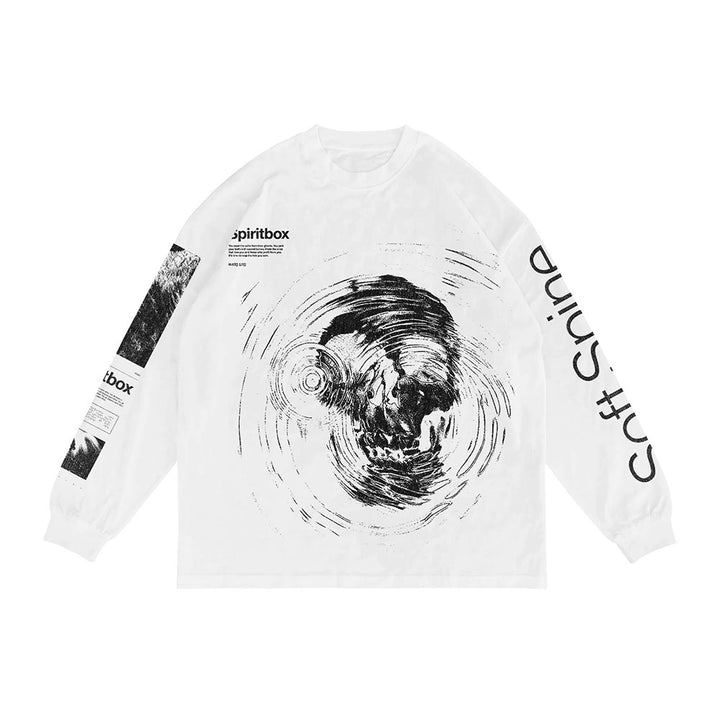 The Spiritbox Surface White long sleeve shirt features a large abstract black skull on the front, Spiritbox and Soft Shine text on the sleeves, plus extra graphics and text on one arm.