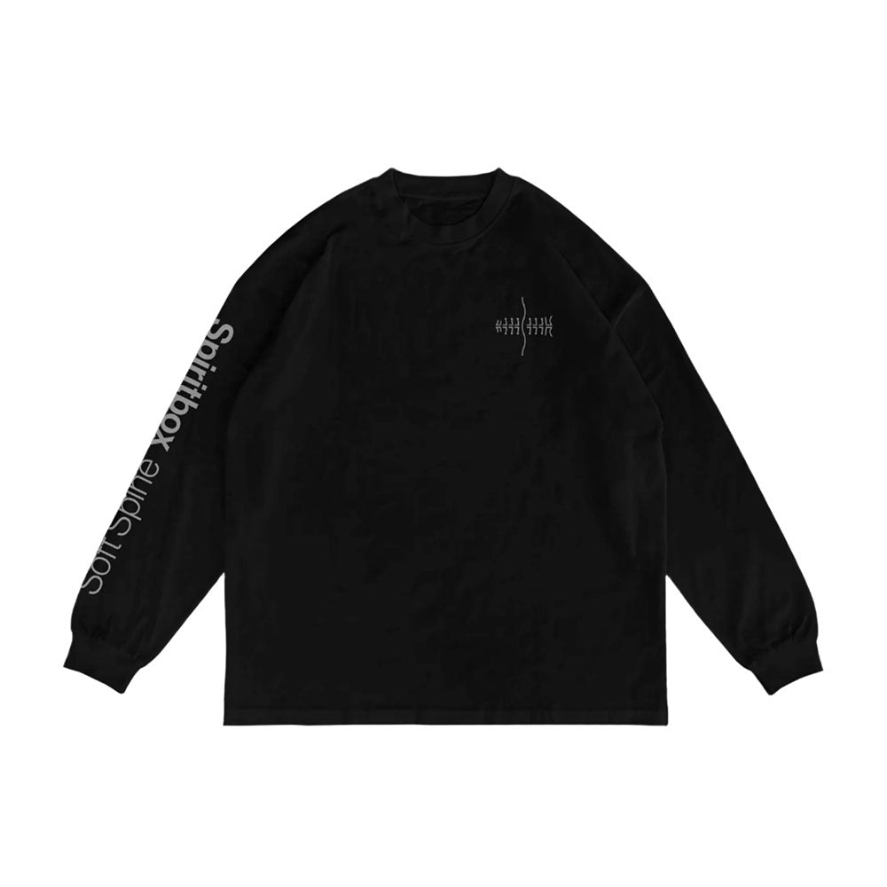 A Black Long Sleeve by Spiritbox with small white text on the left chest, bold Polyptych-inspired lettering on the right sleeve, and finished with a crew neck and ribbed cuffs.