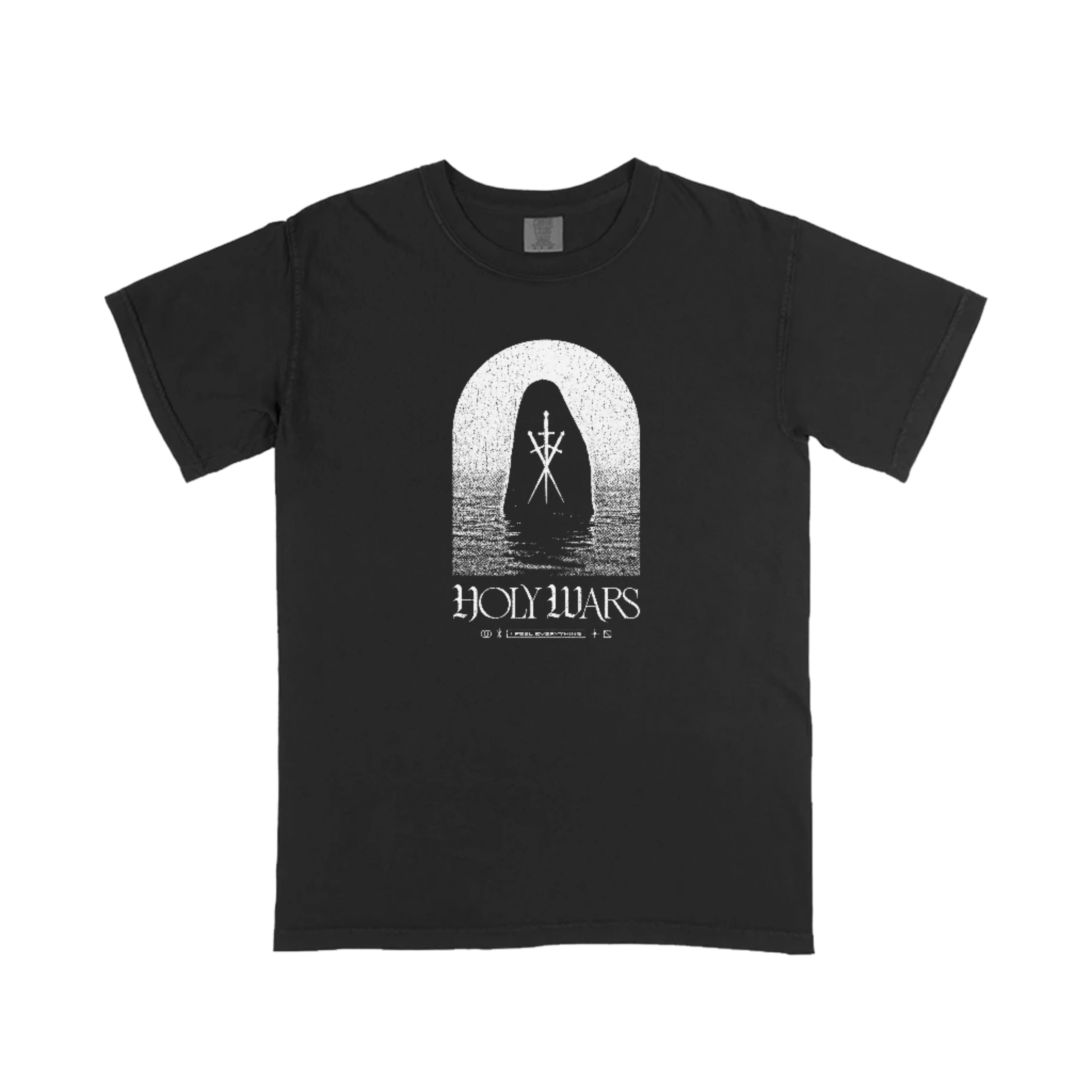 Holy Wars black t-shirt features a hooded, robed figure with a staff standing in water under an arch. HOLY WARS is printed boldly below the image, with smaller text beneath. Made from premium Comfort Colors fabric.