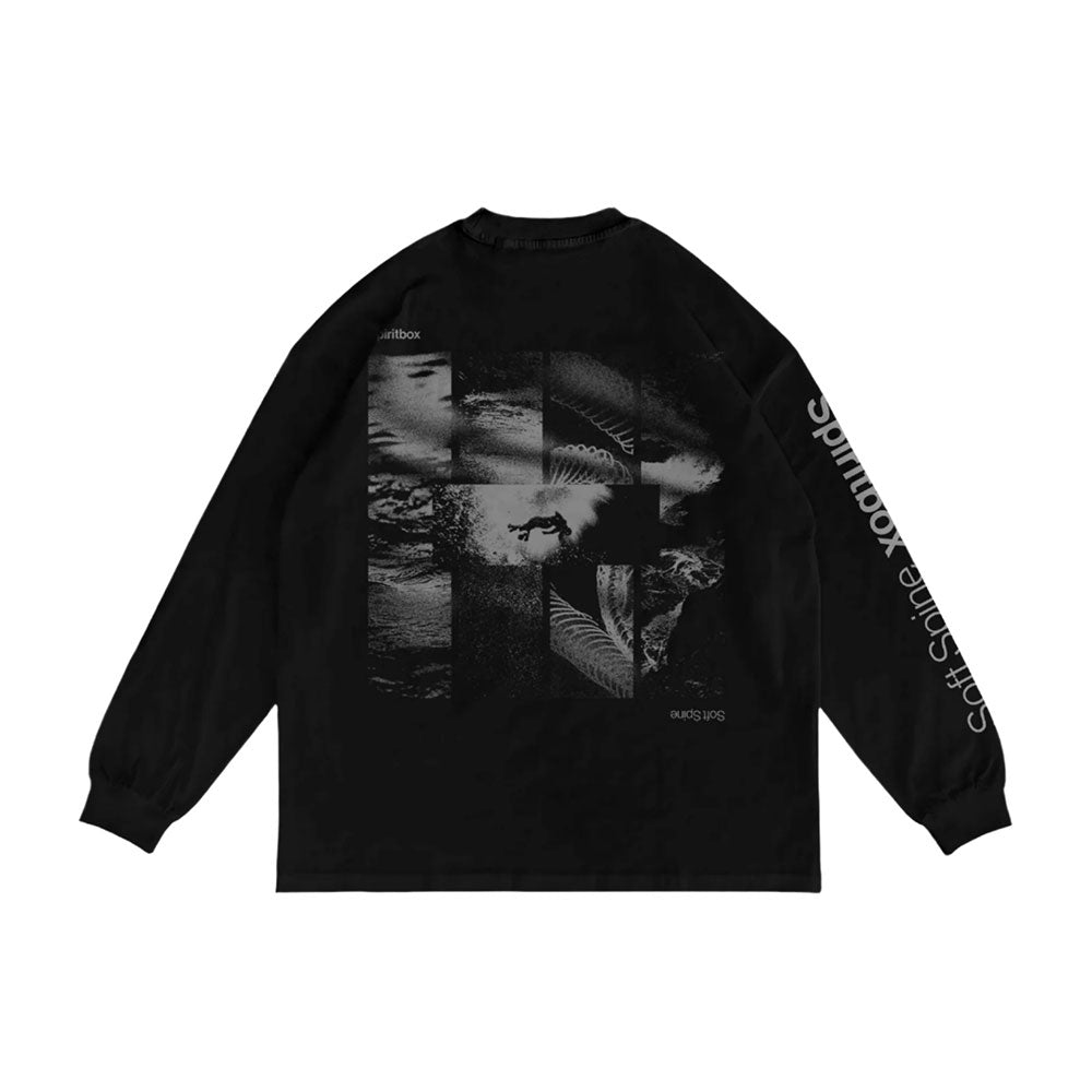 Black long sleeve Spiritbox shirt featuring an abstract grayscale polyptych on the back with geometric shapes, waves, and a surfer. "Soft Serve Liquids" text in white runs down the right sleeve—perfect for any Spiritbox fan.