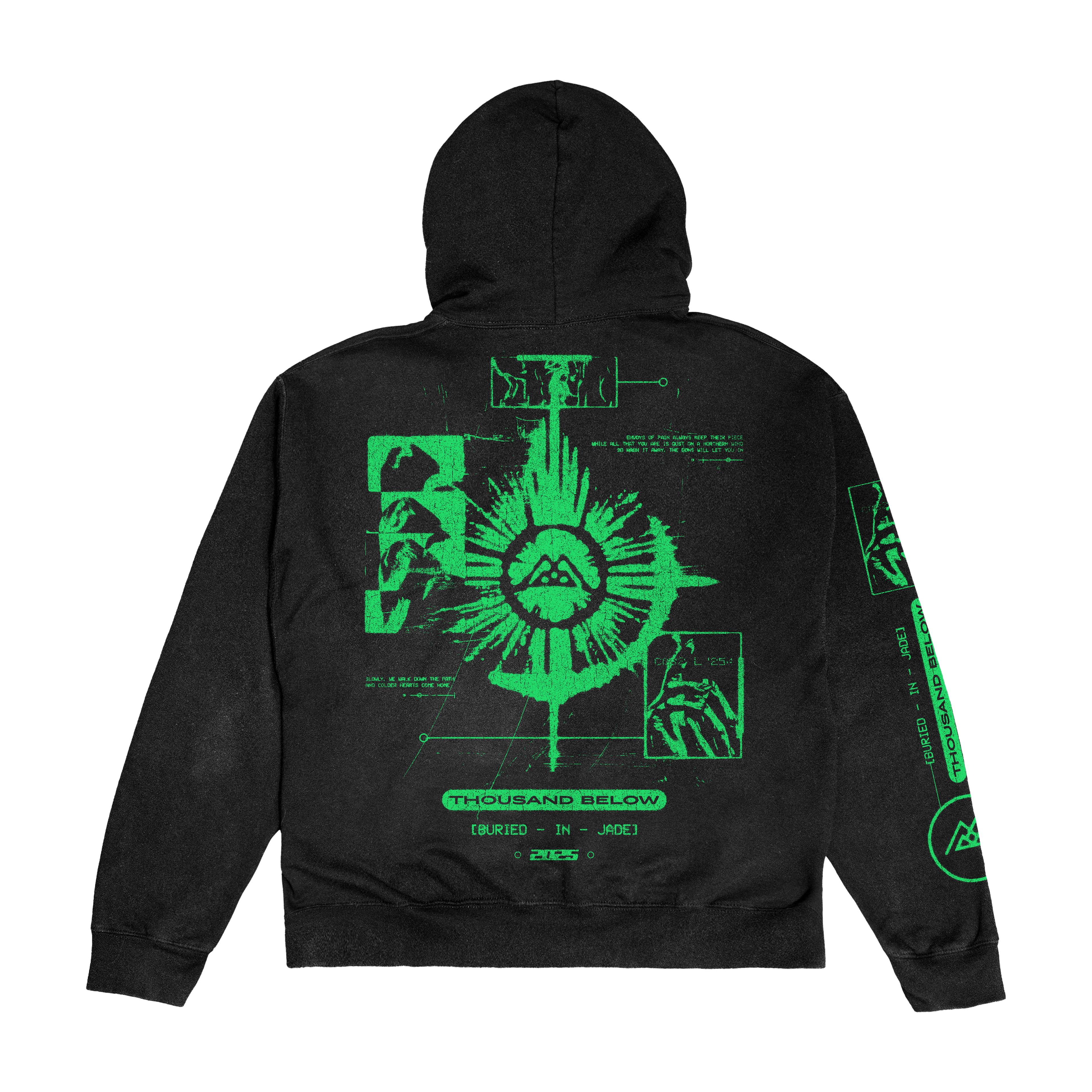A black Thousand Below hoodie with bright green back graphics featuring a central geometric emblem, mountain-like designs, technical accents, and “THOUSAND BELOW (BURIED IN JADE).” Presale available now.