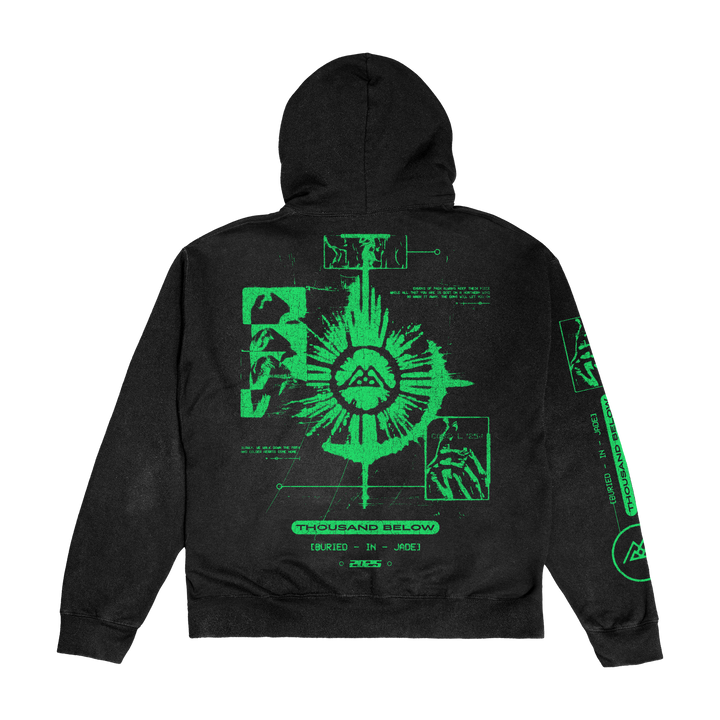 A black Thousand Below hoodie with bright green back graphics featuring a central geometric emblem, mountain-like designs, technical accents, and “THOUSAND BELOW (BURIED IN JADE).” Presale available now.