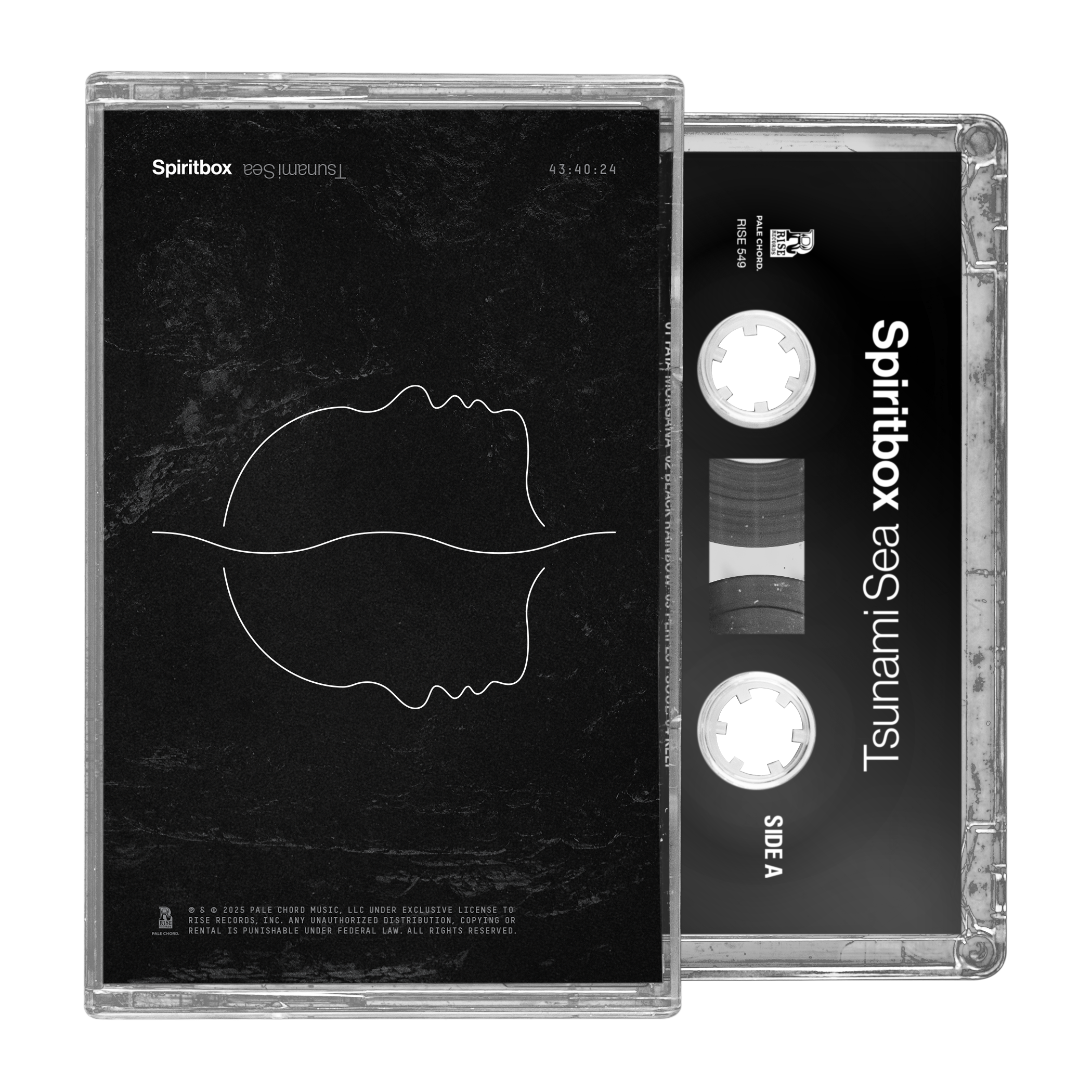 A Spiritbox Tsunami Sea cassette tape with case. The black cover shows a minimalist white line drawing of two overlapping face profiles; the cassette displays the title and Spiritbox brand name in white text.
