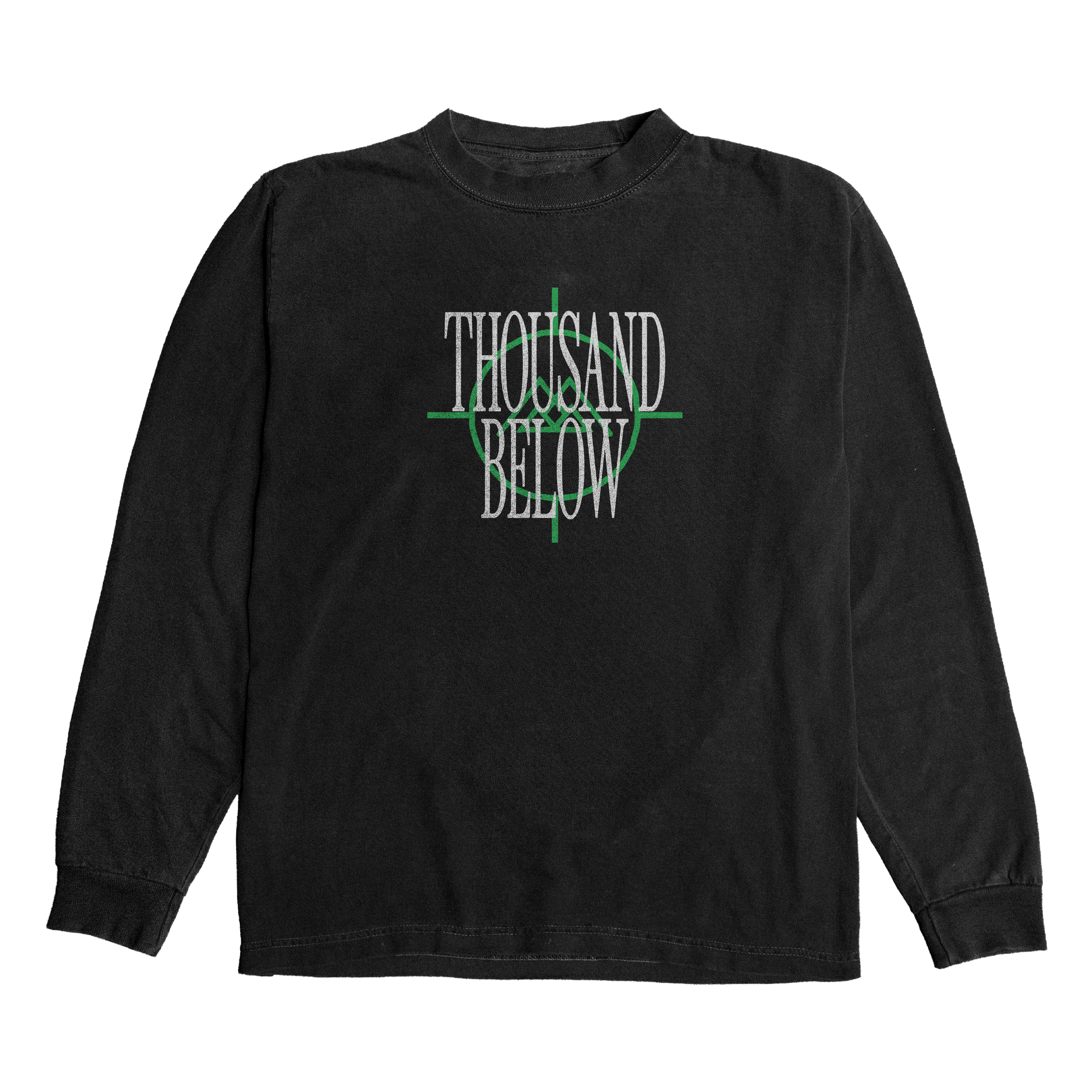 A black long-sleeve shirt by Thousand Below featuring THOUSAND BELOW in white over a green crosshair graphic on the front. This heavy ShakaWear garment is available for presale shipping.