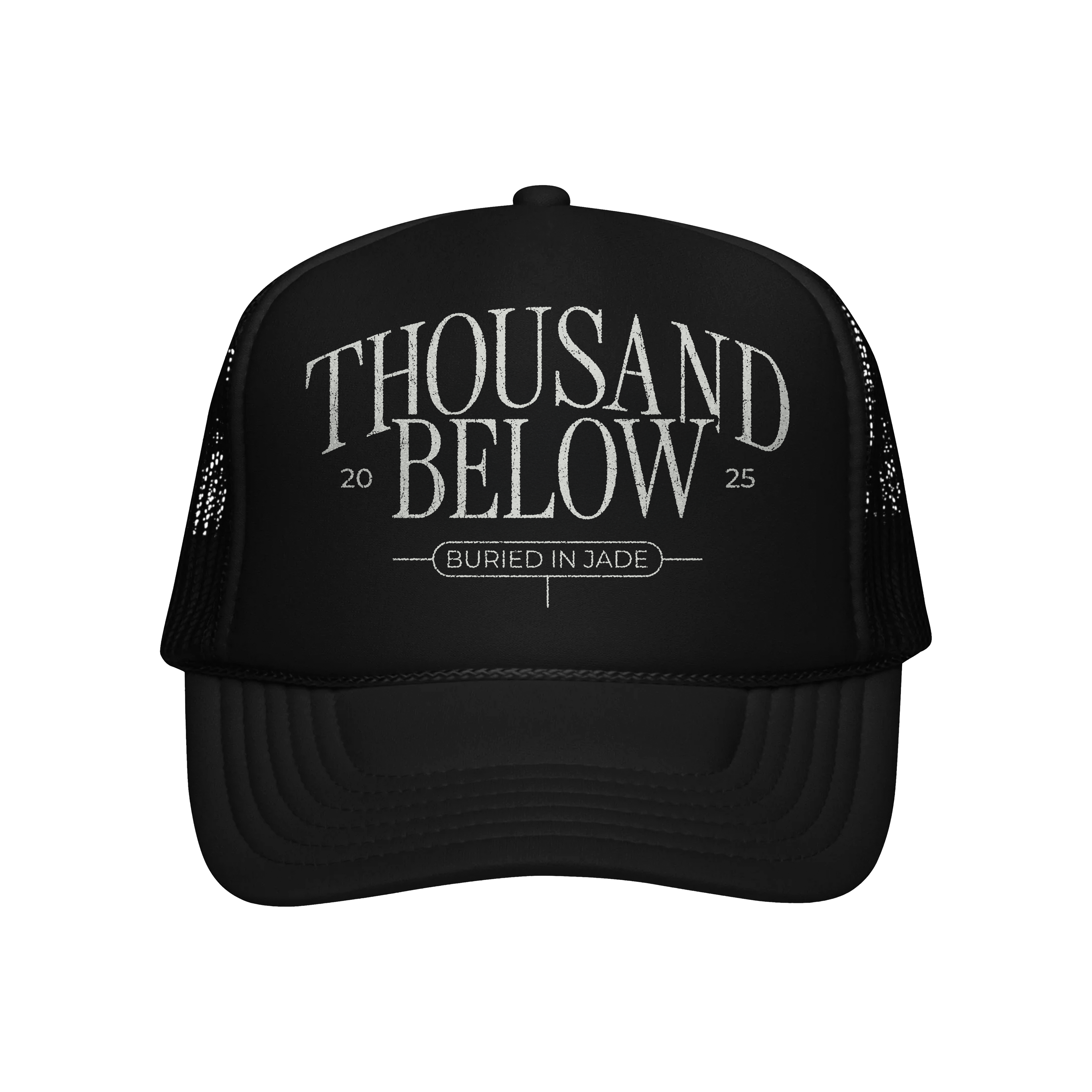 A premium black Decky mesh trucker hat by Thousand Below featuring THOUSAND BELOW 2025 in bold and BURIED IN JADE in smaller text on the front. Available now for presale.