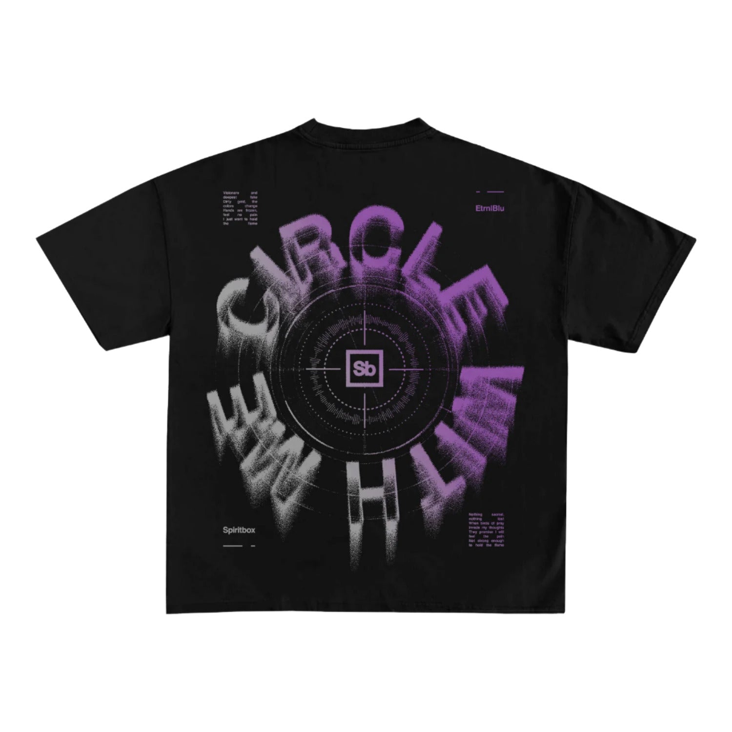Spiritbox Black Comfort Colors Heavyweight T-Shirt crafted from garment-dyed, ring-spun cotton. Features a purple, distorted circular graphic with CIRCLE WITHIN and Sb logo on the back, plus small corner text accents.