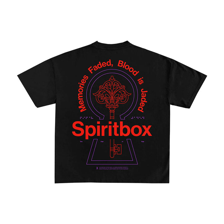 Spiritbox Black Keyhole T-Shirt with a bold red and purple back graphic featuring an ornate keyhole, “Memories Faded, Blood is Jaded” above, and “Spiritbox” in striking red lettering below.