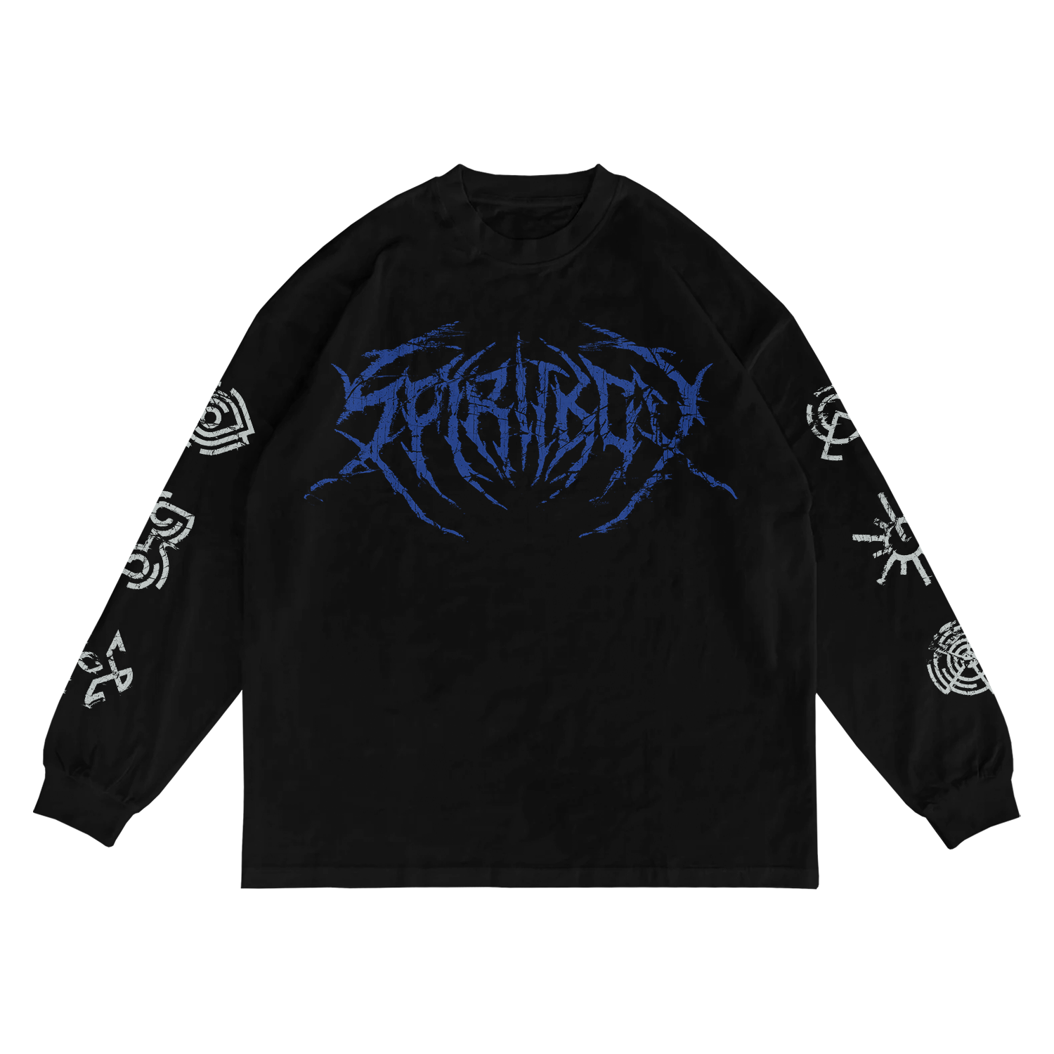 A black long-sleeve Spiritbox shirt featuring a bold blue SPIRITBOX graphic on the front and abstract white designs on both sleeves—premium printed for standout style.