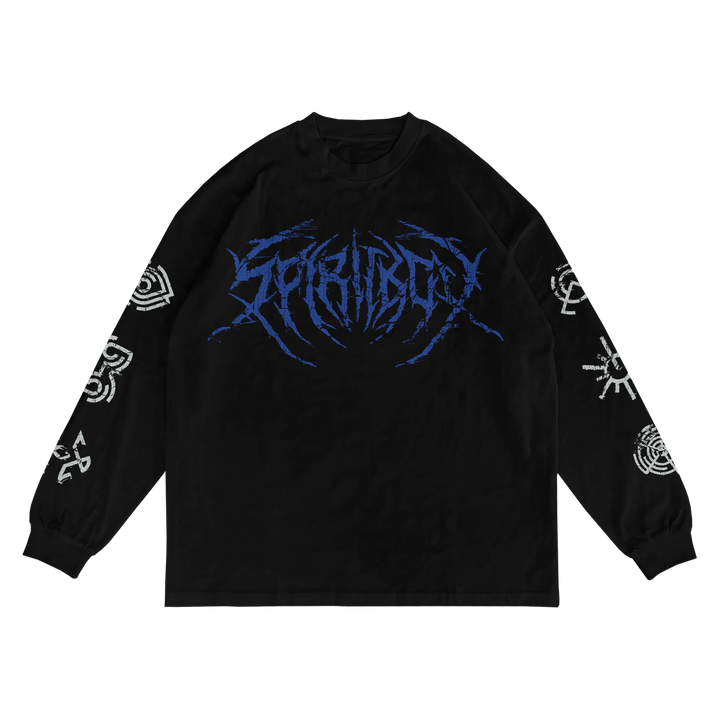 A black long-sleeve Spiritbox shirt featuring a bold blue SPIRITBOX graphic on the front and abstract white designs on both sleeves—premium printed for standout style.