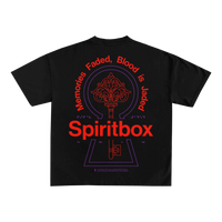 Spiritbox black Comfort Colors t-shirt featuring a red and purple graphic on the back with “Memories Faded, Blood is Jaded” above a keyhole and key design; Spiritbox in bold red letters for standout style.