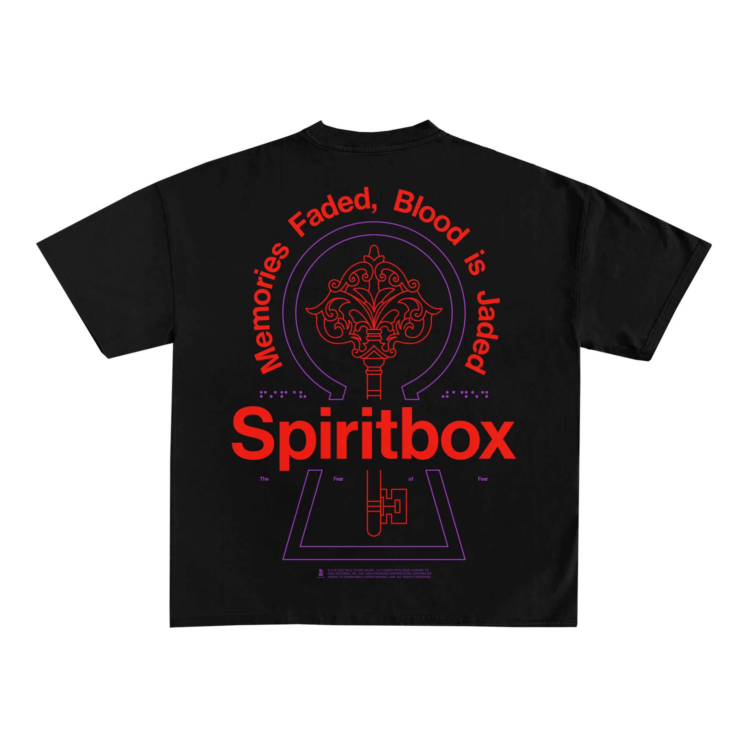 Spiritbox black Comfort Colors t-shirt featuring a red and purple graphic on the back with “Memories Faded, Blood is Jaded” above a keyhole and key design; Spiritbox in bold red letters for standout style.