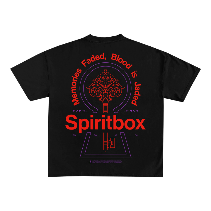 Spiritbox black Comfort Colors t-shirt featuring a red and purple graphic on the back with “Memories Faded, Blood is Jaded” above a keyhole and key design; Spiritbox in bold red letters for standout style.