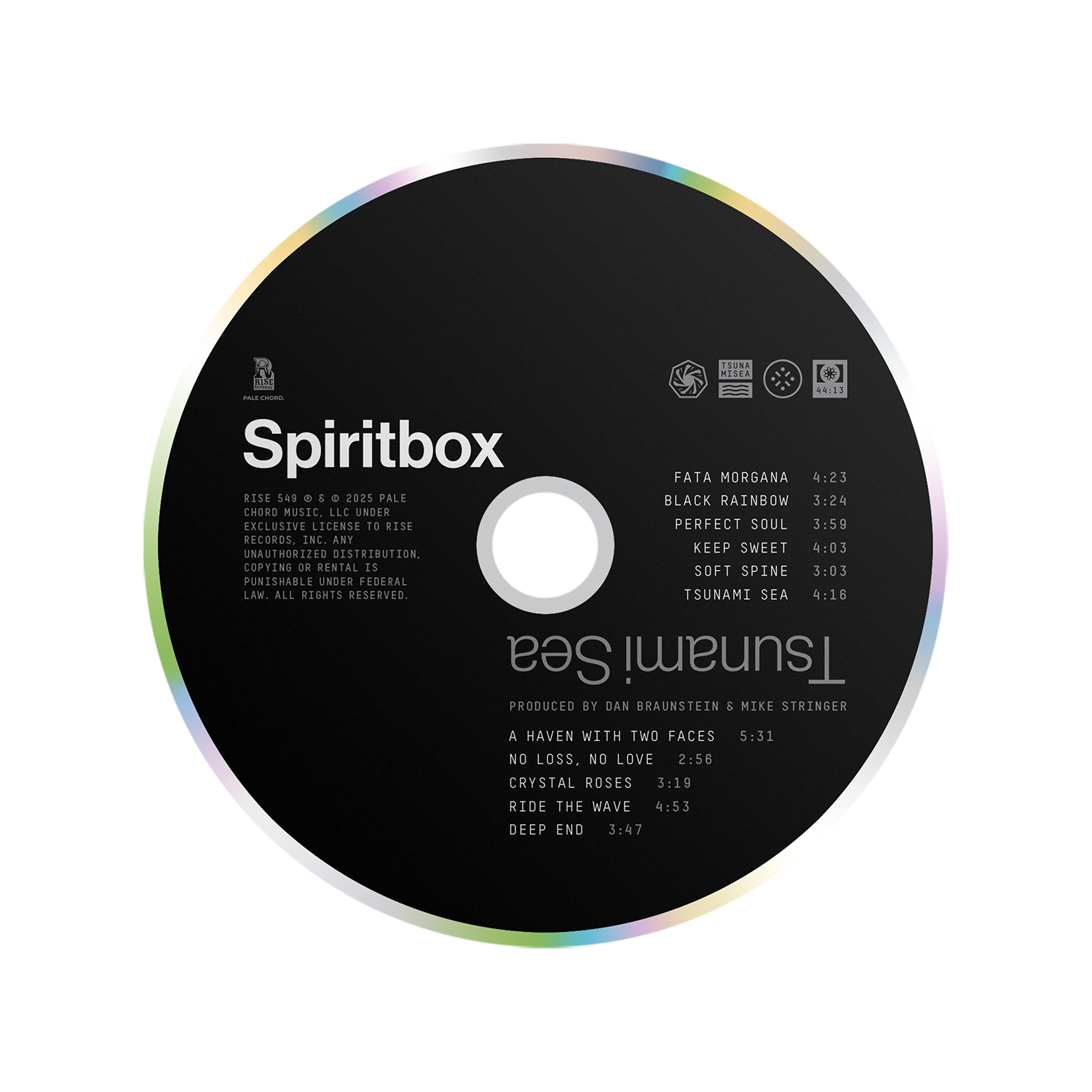 A Spiritbox CD titled “Tsunami Sea” displays the album and track list in white on black, highlighted by an iridescent edge. Copyright and production credits are also present.