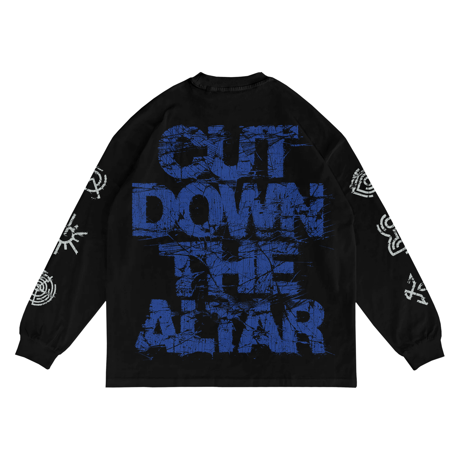 A black Spiritbox long-sleeve shirt features bold blue distressed "CUT DOWN THE ALTAR" text on the back and white graphic designs on both sleeves, highlighting a standout printed style.