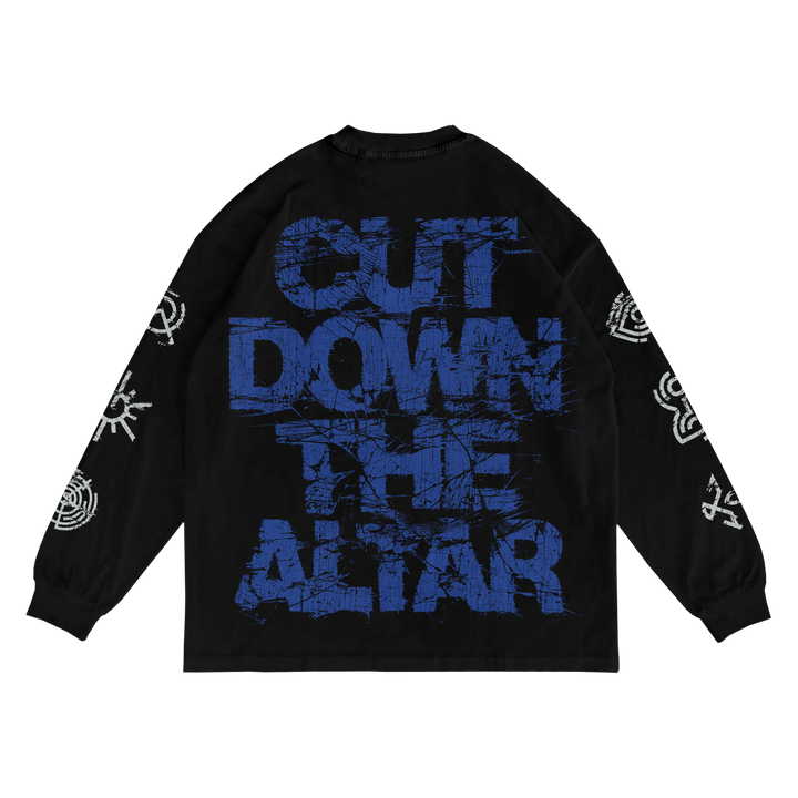 A black Spiritbox long-sleeve shirt features bold blue distressed "CUT DOWN THE ALTAR" text on the back and white graphic designs on both sleeves, highlighting a standout printed style.