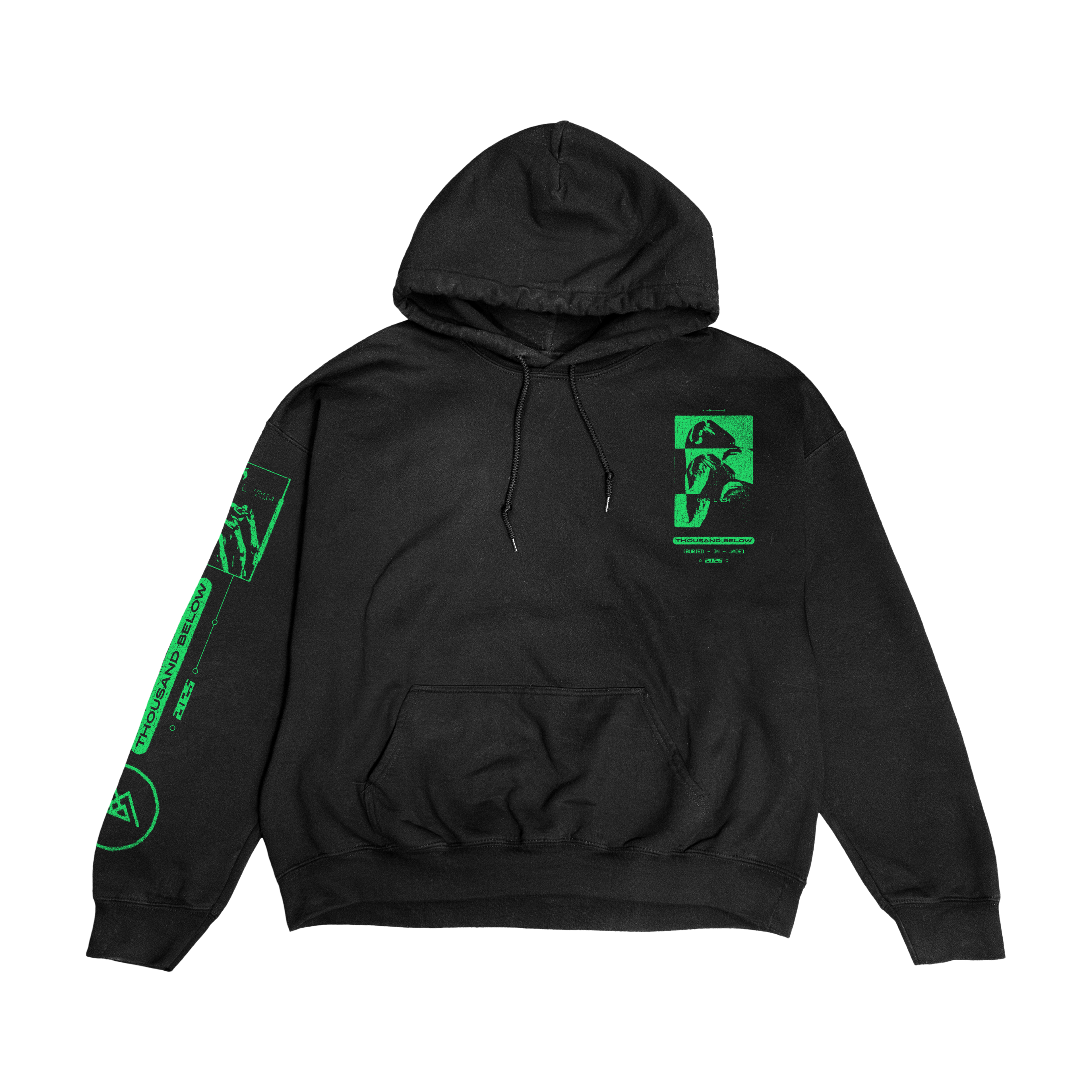 A black Thousand Below hoodie with neon green designs—featuring a face, geometric shapes, and text on the chest, sleeve, and above the pocket—crafted from heavyweight fabric and displayed against a black background.