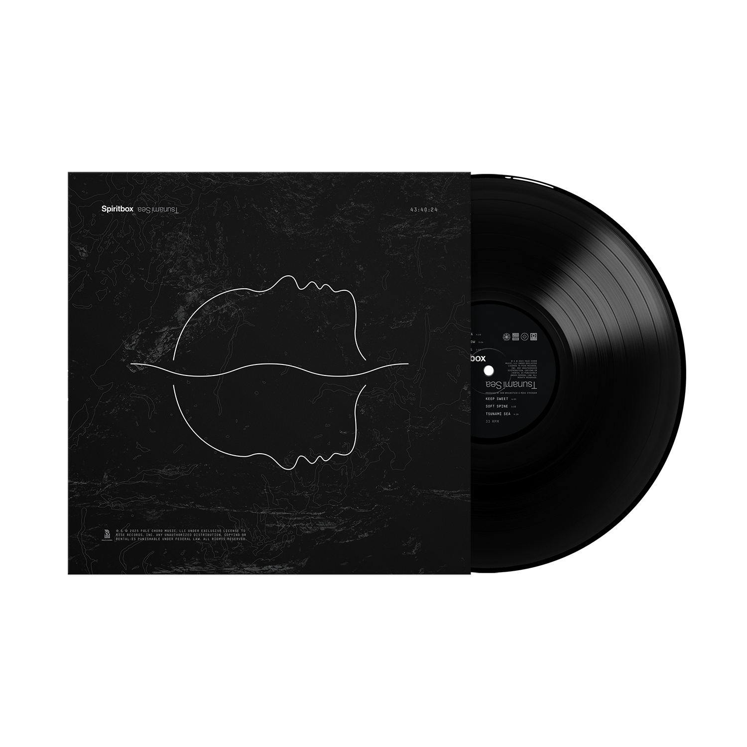 A black vinyl LP by Spiritbox slides from a black cover featuring two minimalist white face outlines over a marbled design inspired by the swirling Tsunami Sea. The album is titled Eternal Blue.