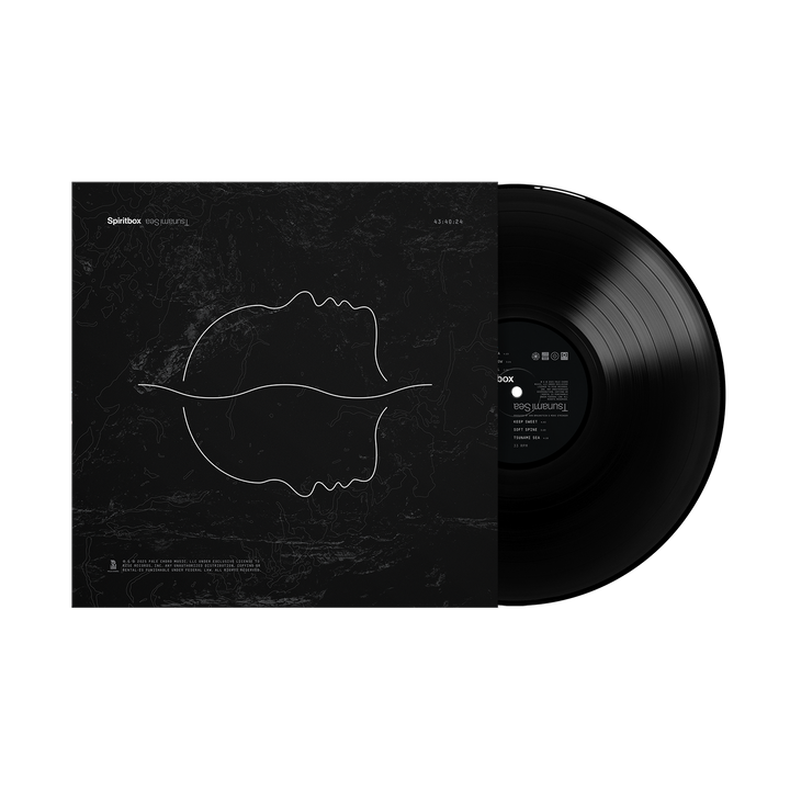 A black vinyl LP by Spiritbox slides from a black cover featuring two minimalist white face outlines over a marbled design inspired by the swirling Tsunami Sea. The album is titled Eternal Blue.