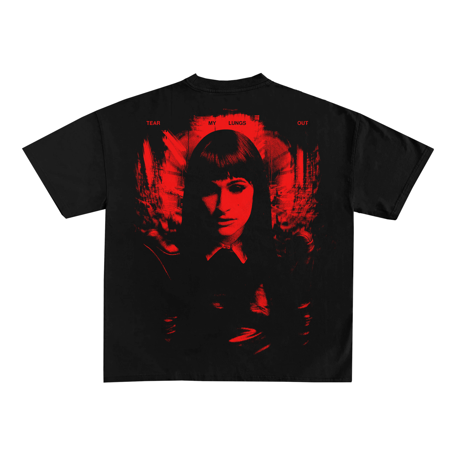 Spiritbox Black Courtney T-Shirt with a bold red graphic of a woman's face and upper body on the back. “TEAR MY LUNGS OUT” is printed above the image for an edgy, standout style.