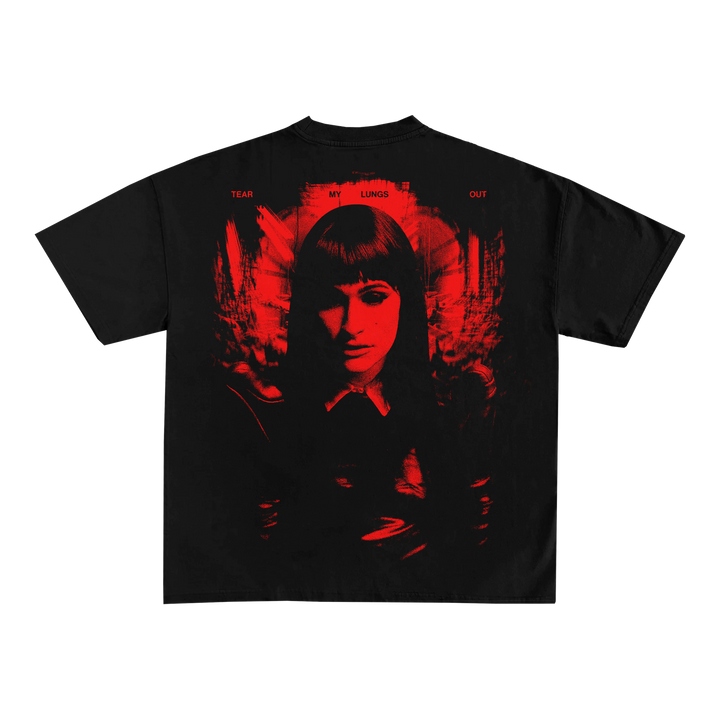 Spiritbox Black Courtney T-Shirt with a bold red graphic of a woman's face and upper body on the back. “TEAR MY LUNGS OUT” is printed above the image for an edgy, standout style.