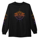 A black long-sleeve Holy Wars Comfort Colors shirt showcases swords, a crown, and bold HOLYMARS text on the front, with matching sword and crown motifs printed down the sleeves.