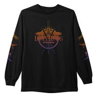A black long-sleeve Holy Wars Comfort Colors shirt showcases swords, a crown, and bold HOLYMARS text on the front, with matching sword and crown motifs printed down the sleeves.