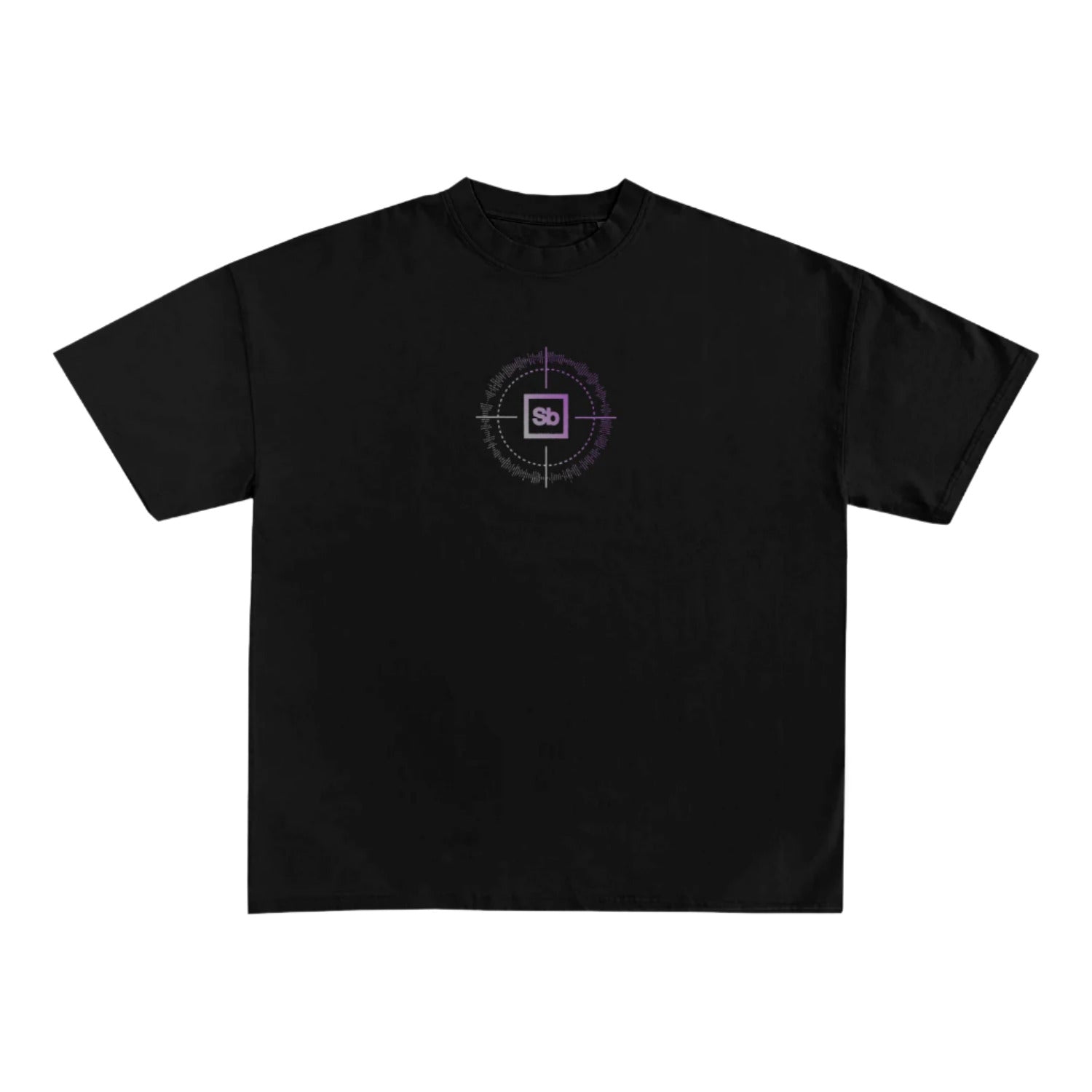 A Spiritbox Comfort Colors Heavyweight T-Shirt in plain black, garment-dyed for softness, features a small purple and white circular chest graphic with Sb inside a square.