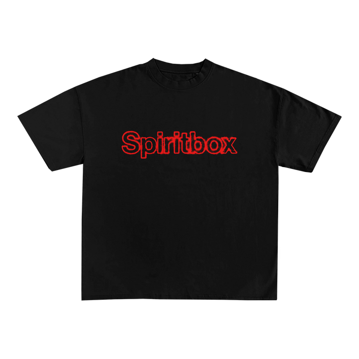 A Spiritbox Black T-Shirt with bold red "Spiritbox" lettering across the chest, inspired by the classic Courtney T-Shirt style.