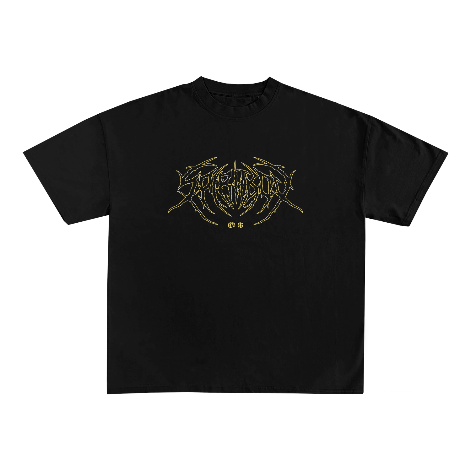 Spiritbox black T-shirt featuring an abstract gold burning floral symmetrical design with illegible text at the center. It has a crew neck, short sleeves, and is displayed on a plain white background.