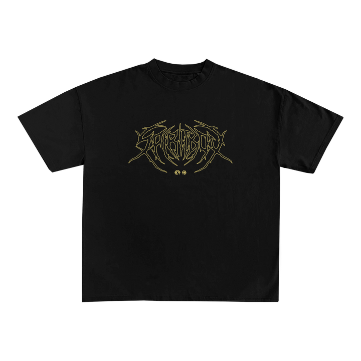 Spiritbox black T-shirt featuring an abstract gold burning floral symmetrical design with illegible text at the center. It has a crew neck, short sleeves, and is displayed on a plain white background.