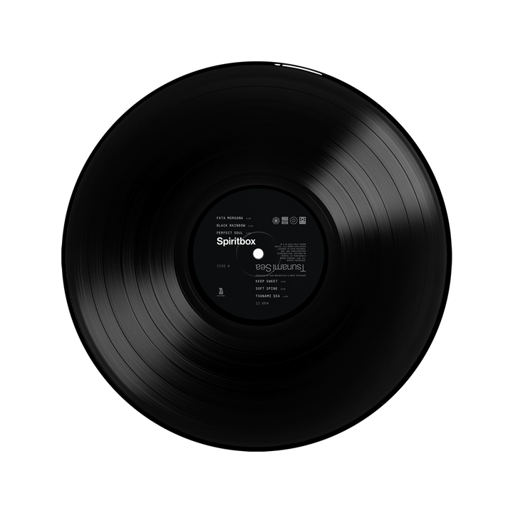A black vinyl LP by Spiritbox features a central label with album details, set against a solid black background. The grooves of the record evoke Tsunami Sea’s rhythmic waves.