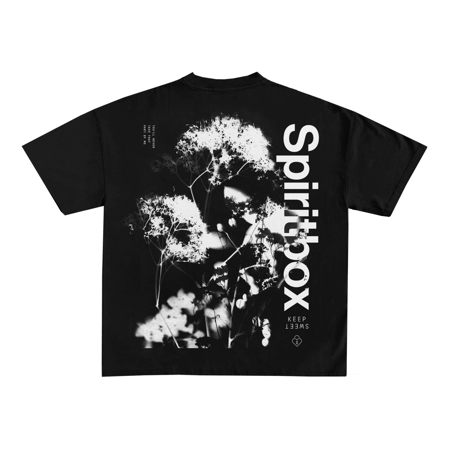 Spiritbox black T-shirt with a double exposure effect and white flower silhouettes, Spiritbox printed vertically on the right, KEEP 133MS at the bottom, plus small text and graphic accents.