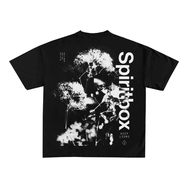 Spiritbox black T-shirt with a double exposure effect and white flower silhouettes, Spiritbox printed vertically on the right, KEEP 133MS at the bottom, plus small text and graphic accents.